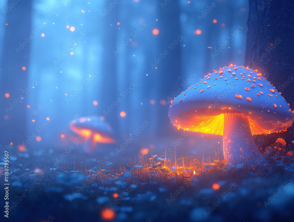 Aufkleber glowing mushroom in mystical forest, surrounded by blue mist and soft light. enchanting scene evokes