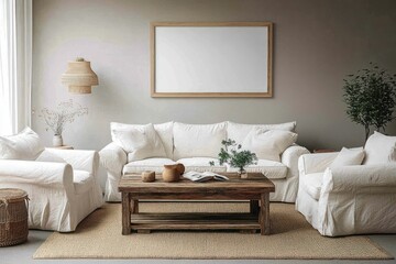 Naklejka premium Stylish living room with a white sofa, wooden table, and a 3D mockup frame designed to emphasize advertising.