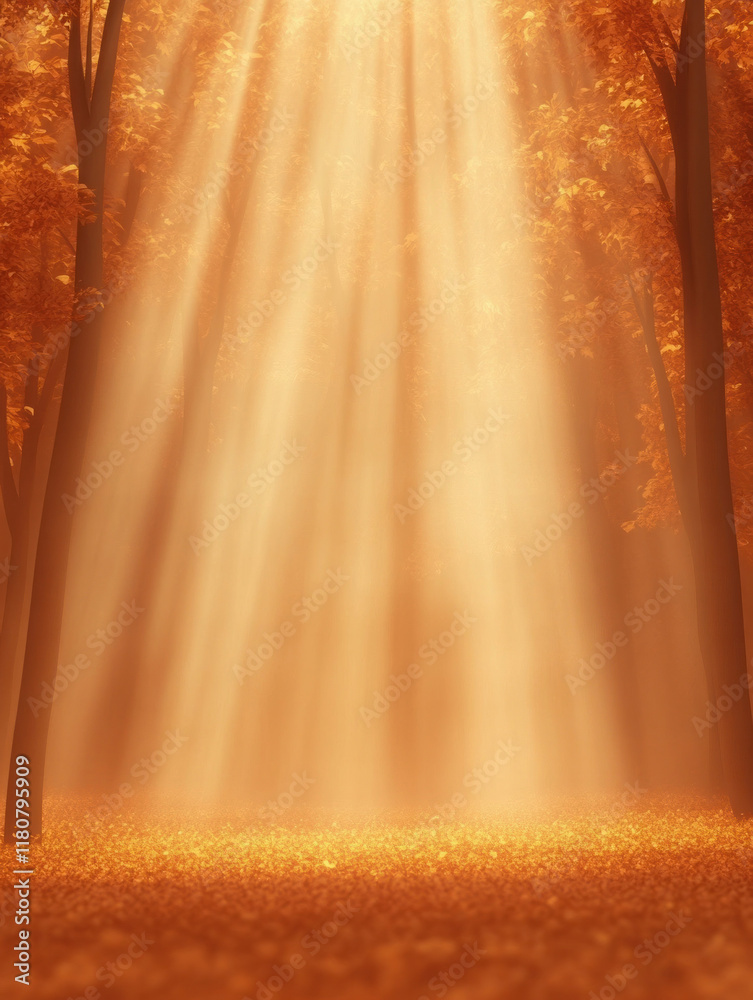 Poster serene forest scene with golden sunlight filtering through trees, creating warm atmosphere