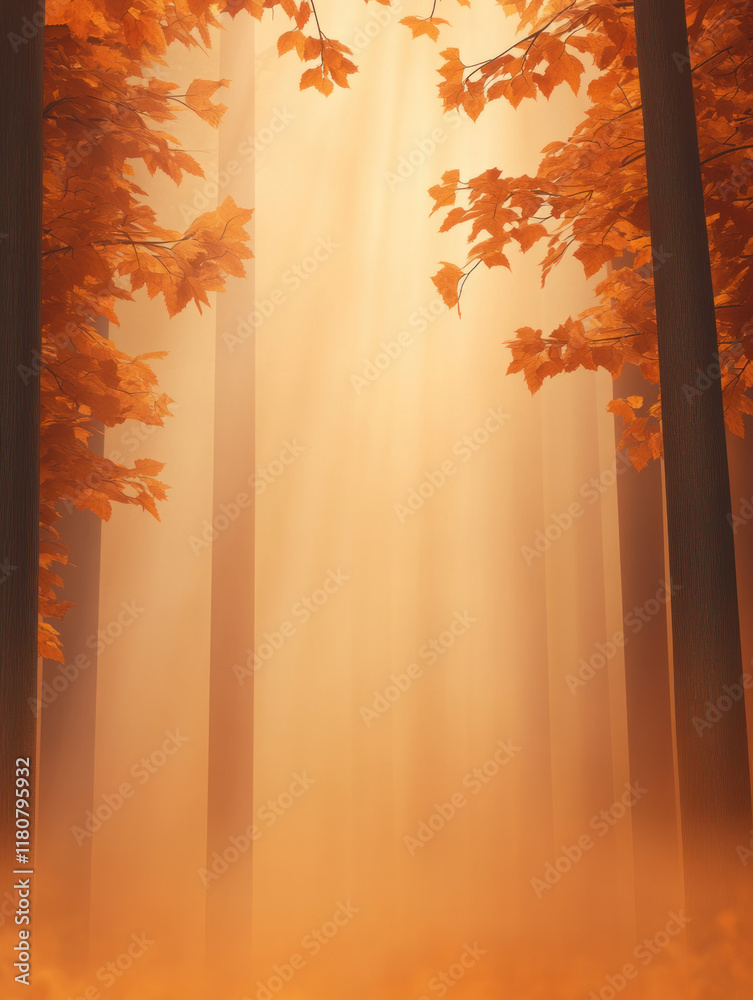 Poster serene autumn forest with golden leaves and soft sunlight filtering through trees creates tranquil atmosphere