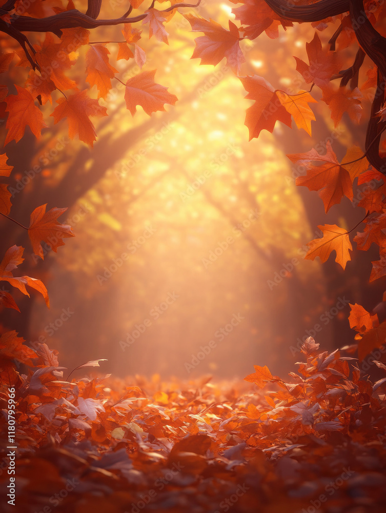 Aufkleber serene autumn forest scene with vibrant orange leaves and soft sunlight filtering through trees, creating warm atmosphere