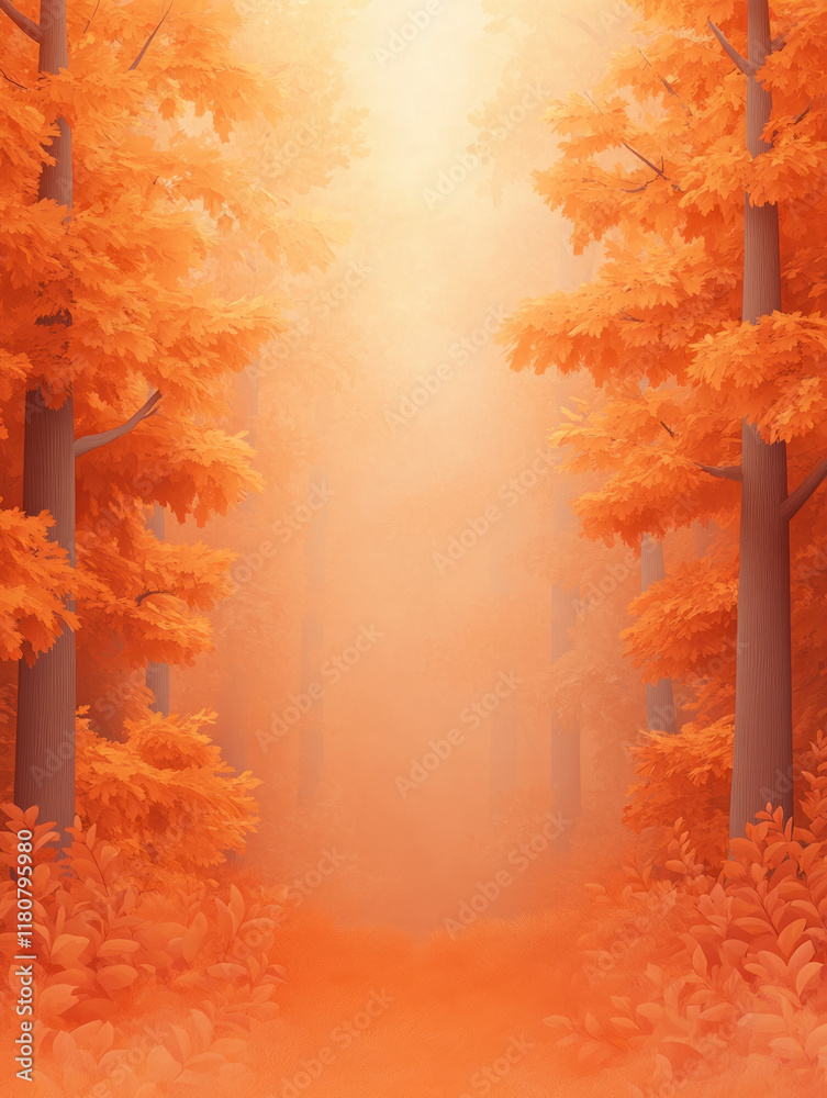 Poster serene forest path surrounded by vibrant orange foliage, creating warm and inviting atmosphere