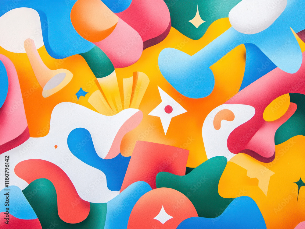 Aufkleber bright abstract mural with colorful shapes and patterns, featuring vibrant hues and playful forms