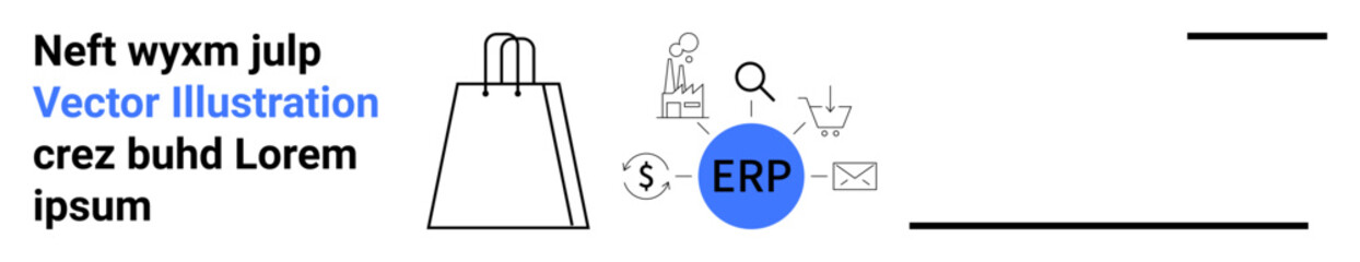 Bag with various interconnected ecommerce and data icons including magnifying glass, cart, and dollar sign. Ideal for ERP systems, data management, ecommerce, integration, analytics, business