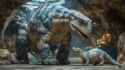 A large dinosaur interacts with a smaller one in a cave setting.