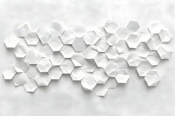 Abstract background of crumpled white hexagon paper shapes arranged in a pattern on a white surface.  Modern, minimalist design.