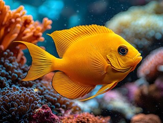 Bright Yellow Tang Fish Gliding Through Vibrant Coral Marine Aquarium