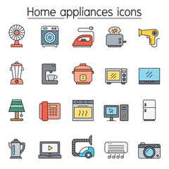 Home appliance icons set in thin line style