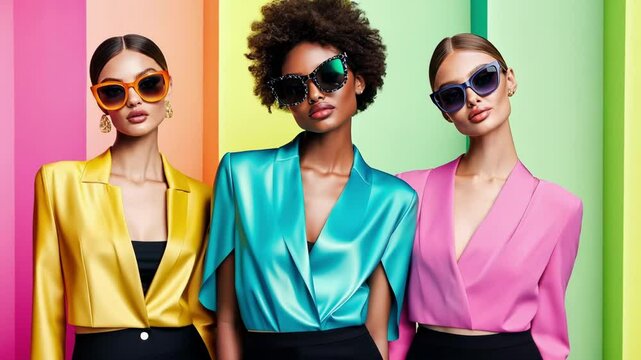 Fashion forward models in vibrant outfits against colorful background for trendy design