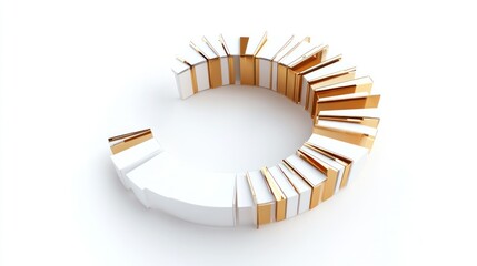 Dynamic 3D circle graph in gold and white, with staggered slices, isolated on white.