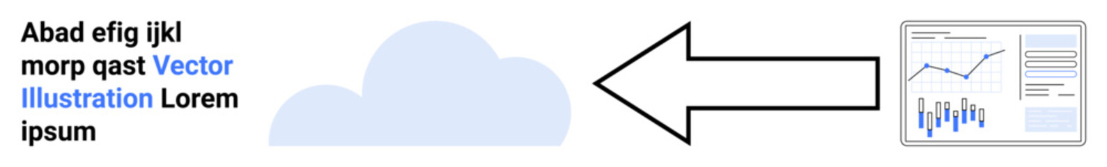 Cloud shape left, arrow points to screen with line and bar charts on right alongside text block in blue, black, gray. Ideal for data analysis, cloud computing, business intelligence, analytics