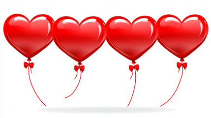 Four red heart shaped balloons with strings Valentine