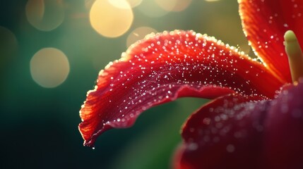 Dew-kissed red petal, garden bokeh, sunrise, nature photography