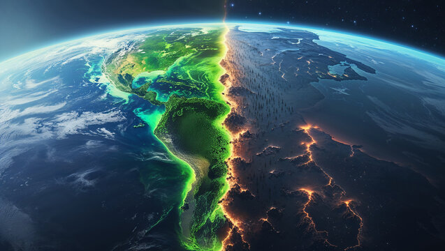Split Earth vibrant green vs. fiery dark side.