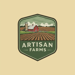 A vintage style logo for Artisan Farms depicts a red barn silo and plowed fields.