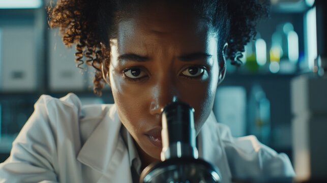 Dedicated Scientist: A scientist in a lab coat, scrutinizing samples under a microscope with absolute focus, dedicating their efforts to advancing knowledge and discovery.
