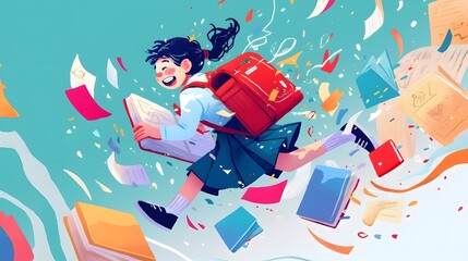 A cheerful child engaged in colorful textbooks and learning materials