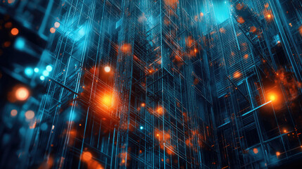 Futuristic digital cityscape with glowing elements and complex grid patterns