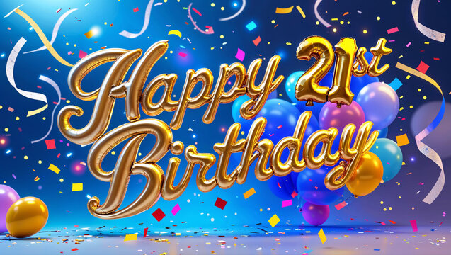 Festive 21st birthday greeting with golden text, colorful balloons, and confetti. - Powered by Adobe