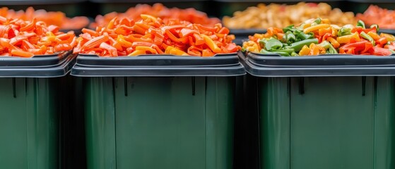 Sorting colorful bell peppers in green bins local market food photography urban environment eye-level view