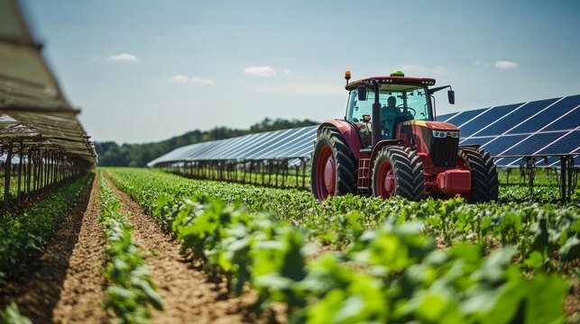 Fototapeta Sustainable Farming: Electric Tractor in Modern Agriculture Among Solar-Powered Rows of Crops