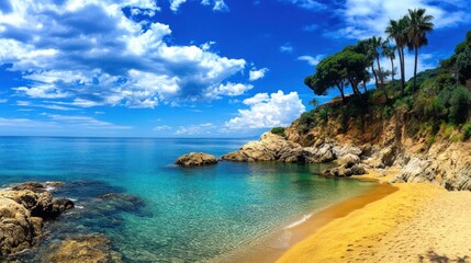 Beach cove with calm blue water, rocks, trees, & blue sky for vacation ad or travel background