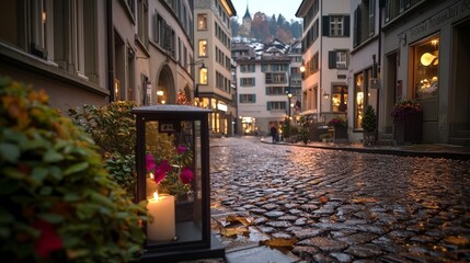 Charming evening stroll old town zurich photography cobblestone streets lanterns glowing romantic...