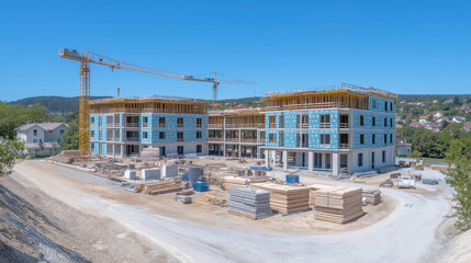 New urban apartment construction site with crane and materials under clear blue sky