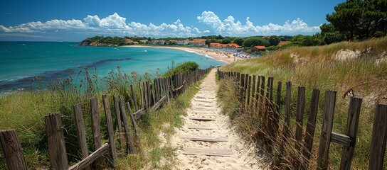 Wooden path leads to secluded beach with turquoise water under a sunny sky.