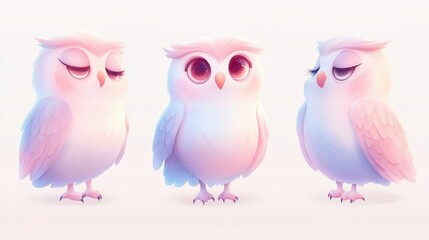 Obraz premium Three cute owls with pink eyes and pink feathers