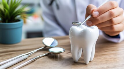 Dental tools and model tooth examined by dentist in modern clinic