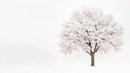 Solitary Blooming Tree in a White Foggy Landscape