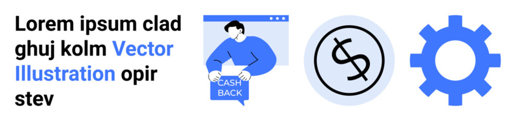 Vector image with a blue color scheme portrays a person giving cashback, a dollar sign coin, and a settings gear. Ideal for fintech apps, marketing, finance blogs, eCommerce, tech tutorials, online