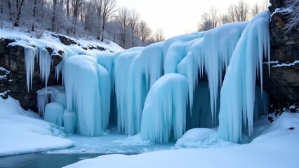 Frozen waterfall cascading over snow-draped rocks. Icicles sparkle under a pale sun, while frosted trees rise in the background, completing the dramatic wintry scene.