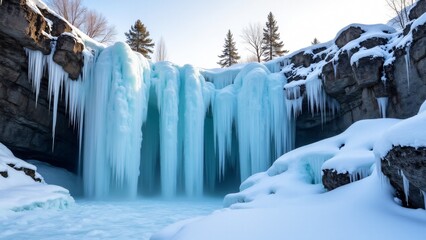 Frozen waterfall cascading over snow-draped rocks. Icicles sparkle under a pale sun, while frosted trees rise in the background, completing the dramatic wintry scene.