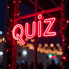 Neon Quiz Night: A vibrant red neon sign proclaims "QUIZ" against a backdrop of shimmering holiday lights, creating an inviting and festive atmosphere for a night of trivia and fun. new image