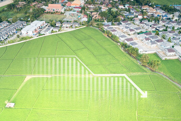 Land, landscape or green field in aerial view. Include house building, bar chart or graph, drop down arrow. Real estate or property with concept for sale price, land value to decrease, reduction, low.