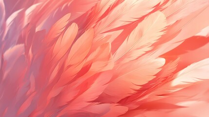 A close-up of colorful feathers in shades of pink and coral, forming a soft and textured pattern that conveys delicate beauty.