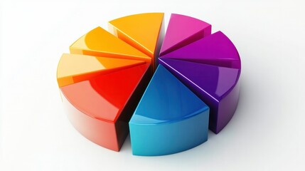 Fototapeta premium Multi-colored 3D circle graph with sharp divisions and a polished surface, isolated on white.