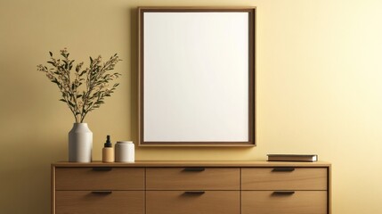 Blank poster mockup on dresser, minimalist home decor, yellow wall, design template