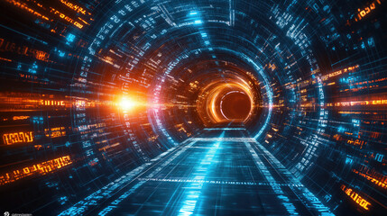 Obraz premium Futuristic digital data tunnel with glowing lights and high-speed connections