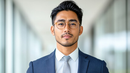 Fototapeta premium Confident South Asian Man in His Thirties Dressed in Formal Attire, Standing in a Bright Modern Office Space with a Professional Expression