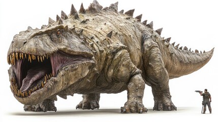 Fototapeta premium A massive, dinosaur-like creature with sharp spikes and an open mouth, towering over a small figure.
