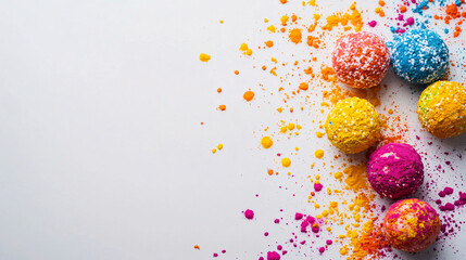 colorful holi powder balls on a white background  with copyspace  for text  or design