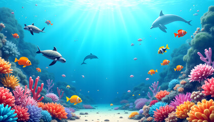 Fototapeta na wymiar Vector image of the underwater world with colorful coral reefs, a variety of marine life (fish, turtles, dolphins) and elements symbolizing the protection of the oceans, such as “No Plastic” signs. 