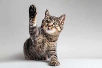 A Cat Raising Its Paw to Give a HighFive, Isolated on a White Background