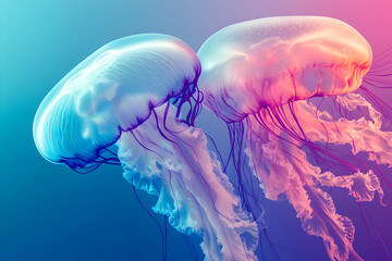 Two vibrant jellyfish gracefully float, showcasing iridescent blues and pinks against a deep blue ocean backdrop.  A stunning underwater scene.