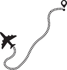 Airplane route path icon. The flight path of the aircraft from the point of location along the dotted line. Flight route from a waypoint with an airplane silhouette isolated on transparent background.