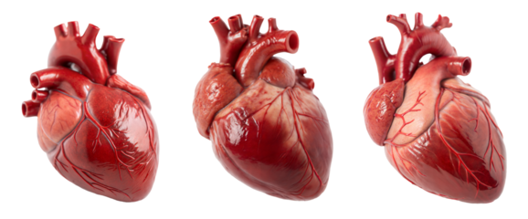 set of healthy, realistic human hearts with atrium and ventricle, internal organs, isolated on a transparent background with a clipping path cutout