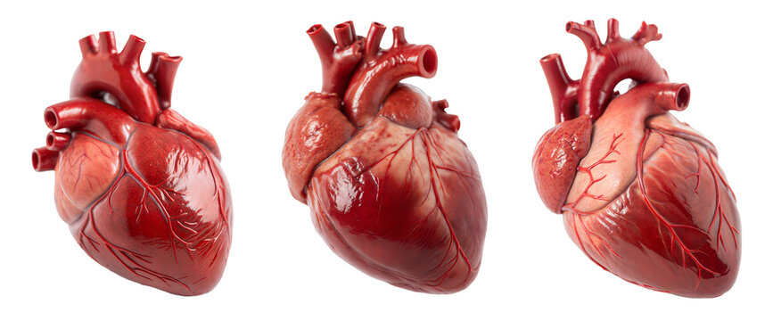 set of healthy, realistic human hearts with atrium and ventricle, internal organs, isolated on a transparent background with a clipping path cutout